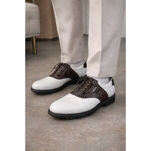 FootJoy DryJoys 5355 Mens 8 Wide Spiked Golf Shoes White Brown Croc Saddle